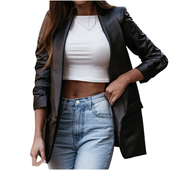 Odeerbi Blazer Jackets for Women Blazers Trendy 2025 Casual Lapel Collar Temperament Motorcycle Jacket Leather Jacket Coat Black