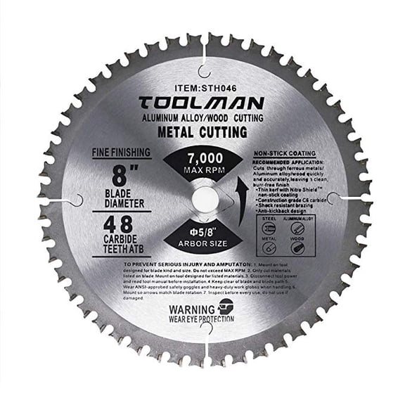 Toolman Circular Saw Premium Blade 8'' 48T Fine finishing For Metal Aluminum Alloy Steel Wood STH046