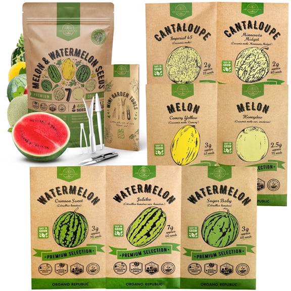 Organo Republic - 7 Melon & Watermelon Seeds Varieties - 480  Non GMO Heirloom Garden Seeds