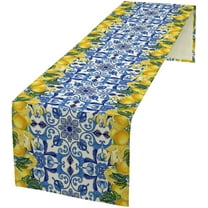 Blue Lemon Table Runner Italy Burlap Artificial Yellow Lemon Fruit Table Runners Farmhouse Coffee Table Center Decor Seasonal Spring Kitchen Dining Table Decoration for Home Party Decor 13x36 Inch