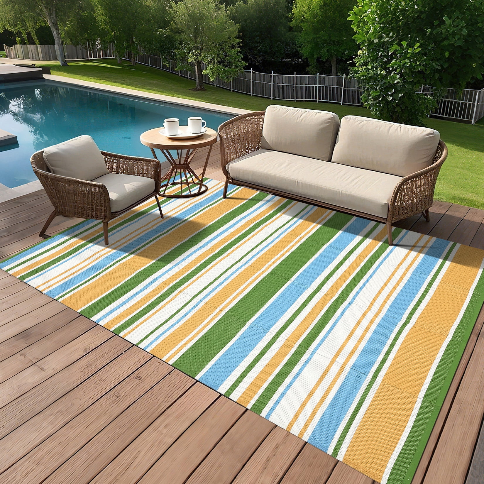 HIWEAVER 9' x 12' Blue Outdoor Rug PP Plastic Straw Woven Waterproof Patio Rug with Border Portable Outside Carpet for Balcony Deck Picnic Garden Decor