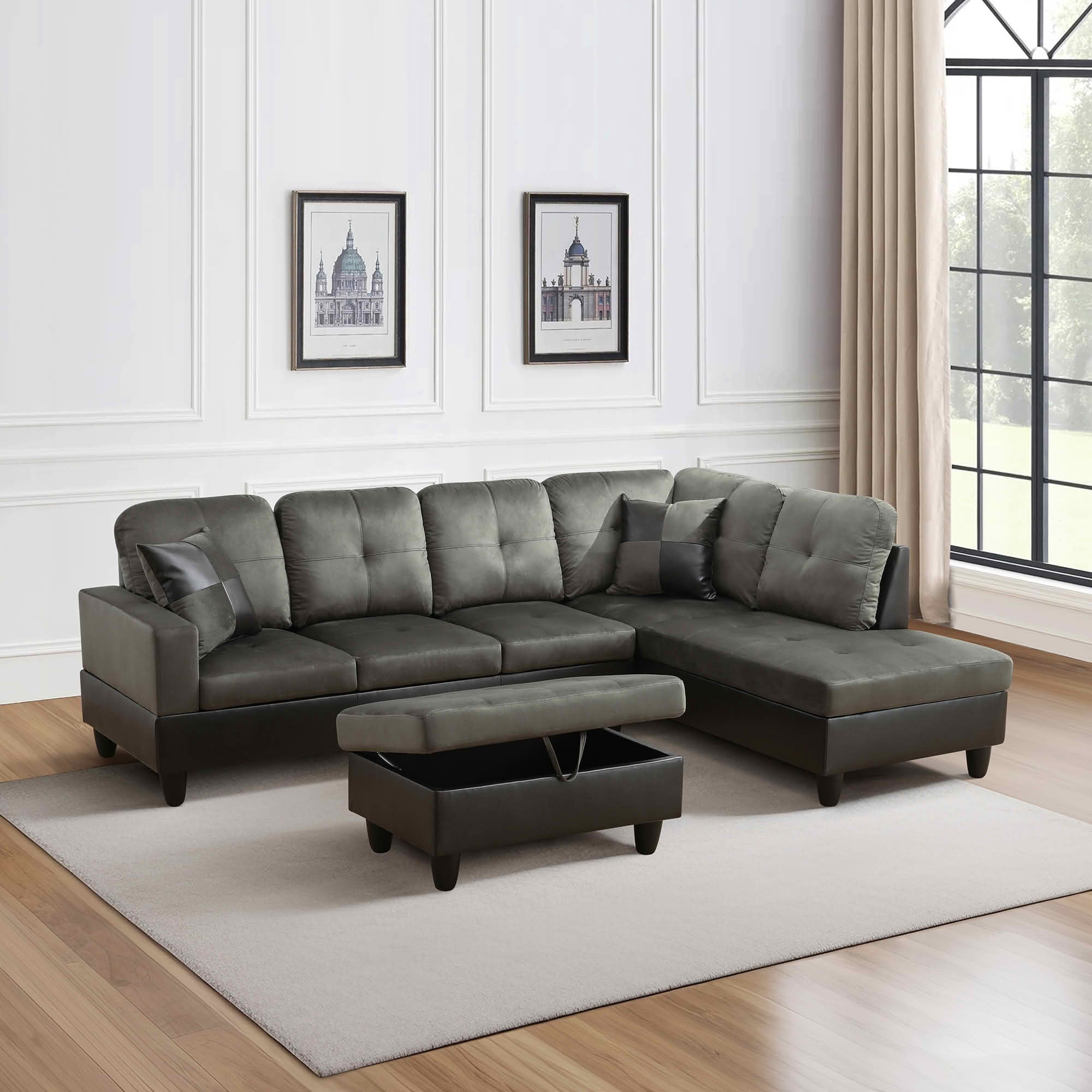 MAYEERTY 103.5" Taupe Flannel & PVC Faux Leather L-Shaped Sectional Sofa, 3 Piece Tufted Corner Couch with Storage Ottoman Solid Wood Frame