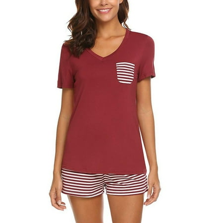 

Pajamas Set Summer Striped V-neck Short Sleeve Tops Shorts Two-piece Suit Home Service For Women