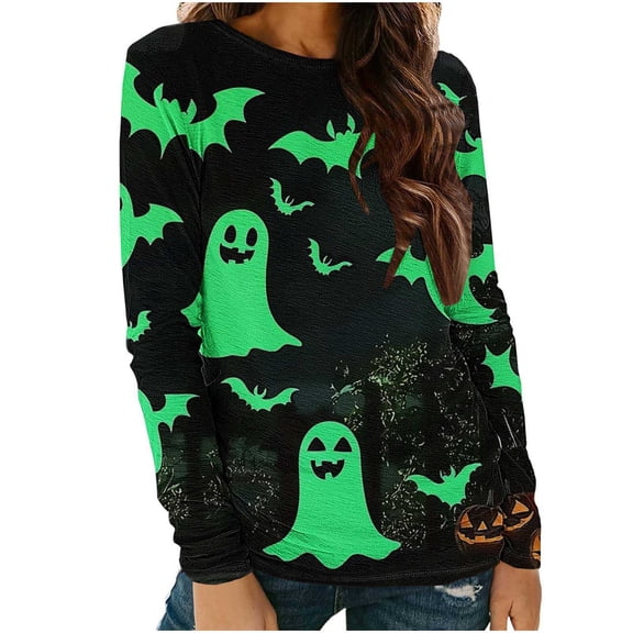 BRELIL Women Halloween Long Sleeve Pullover Tops Gothic Graphic Casual Tee Round Neck Sweatshirt Fall Outfit, Black XL