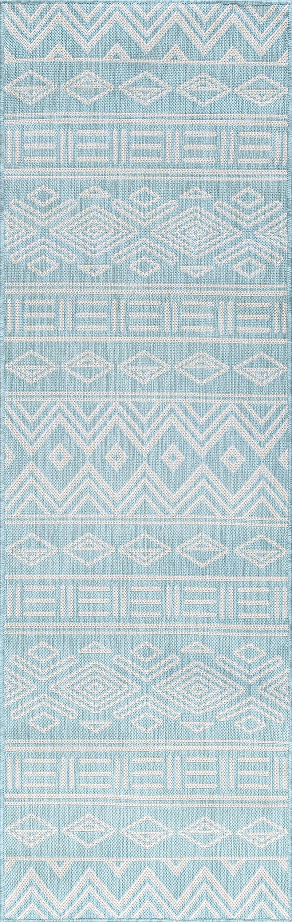 Bliss Rugs Moroccan Indoor Outdoor Rug Water Resistant Runner Rug for Patio, Hallway, Entryway, Deck, Aqua ,3' x 10'