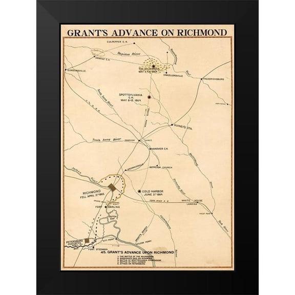 Vintage Maps 11x14 Black Modern Framed Museum Art Print Titled - Civil War Grants Advance on Richmond