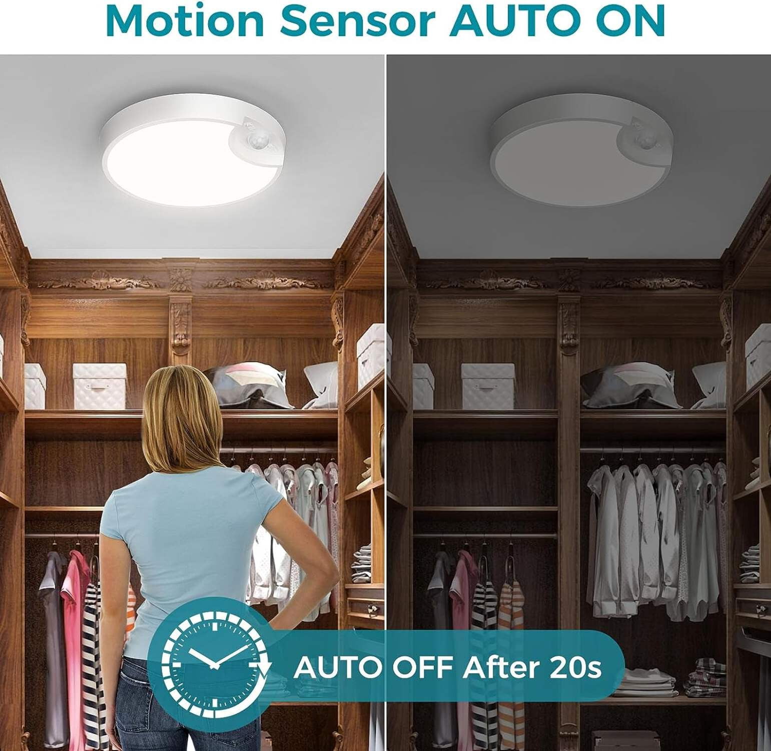 Rechargeable Motion Sensor Ceiling Light with Remote - Battery Powered for Closets, Shower, Stairs, Shed, Hallway