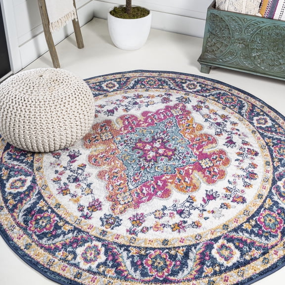 JONATHAN Y BOHEMIAN FLAIR 5' Round Area Rug, Vintage Medallion - Blue/Multi, BMF106A-5R