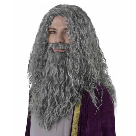 Set of Two Gray Wizard Curly Wig and Beard Halloween Costume Accessory Set-One Size Fits All
