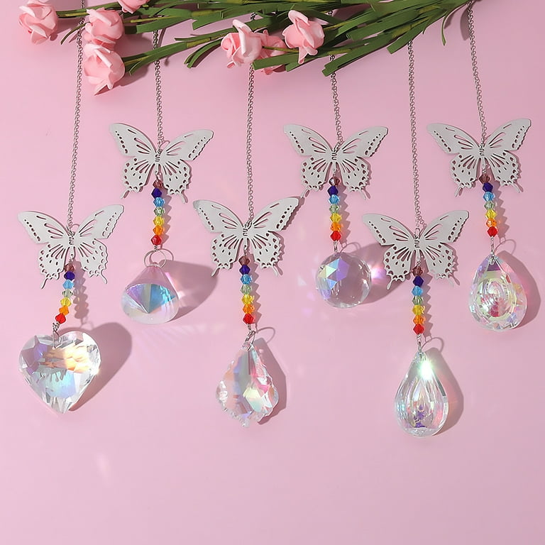 JTWEEN 7pcs Butterfly Crystals Suncatcher Beads Crystal Hanging Ornament  for Garden Tree Window Home Decoration 