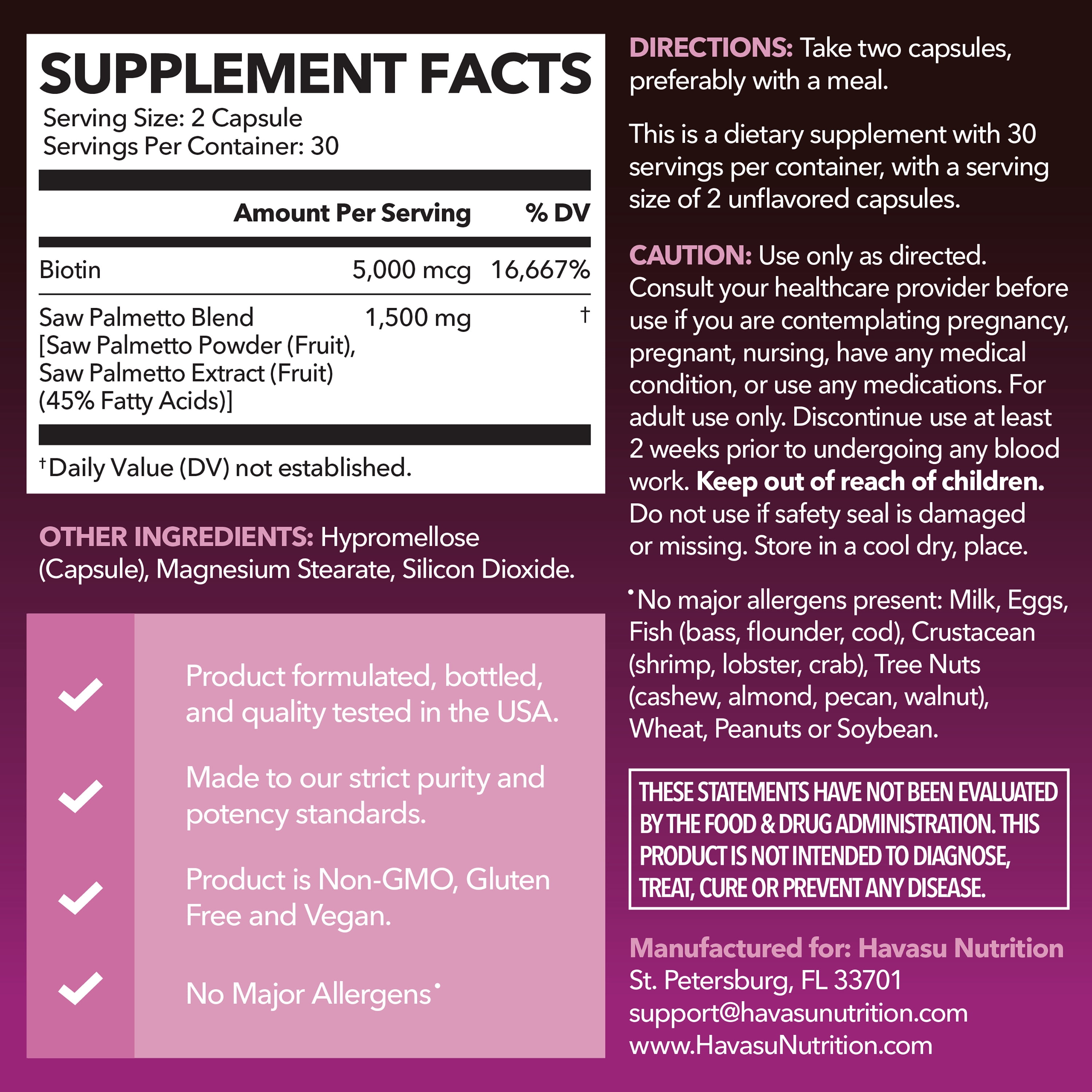 Havasu Nutrition Women’s Saw Palmetto Capsules with 5000mcg Biotin for Hair, Skin, and Nails, 60 Count