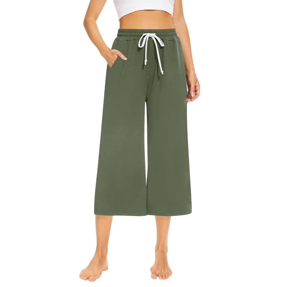 Wide Leg Cropped Pants for Women Casual Travel Work Sweatpants Loose Fit Summer Trousers with Drawstring Waist and Pockets