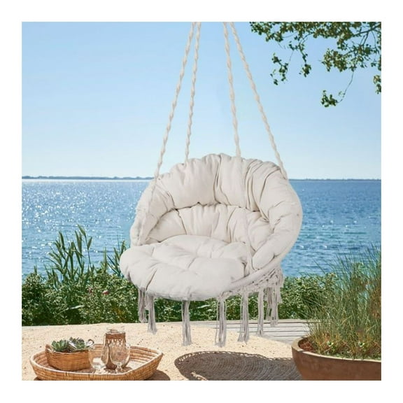 Hammock Chair Macrame Max 330 Lbs Hanging Cotton Rope Hammock Chair for Indoor and Outdoor with Cushion ,Beige as picture