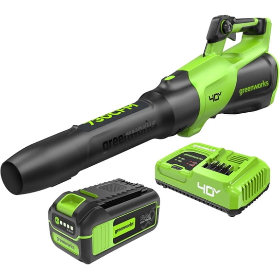 Greenworks 40V (730 CFM / 190 MPH) Cordless Brushless Leaf Blower, 5.0Ah Battery and 5A Rapid Charger