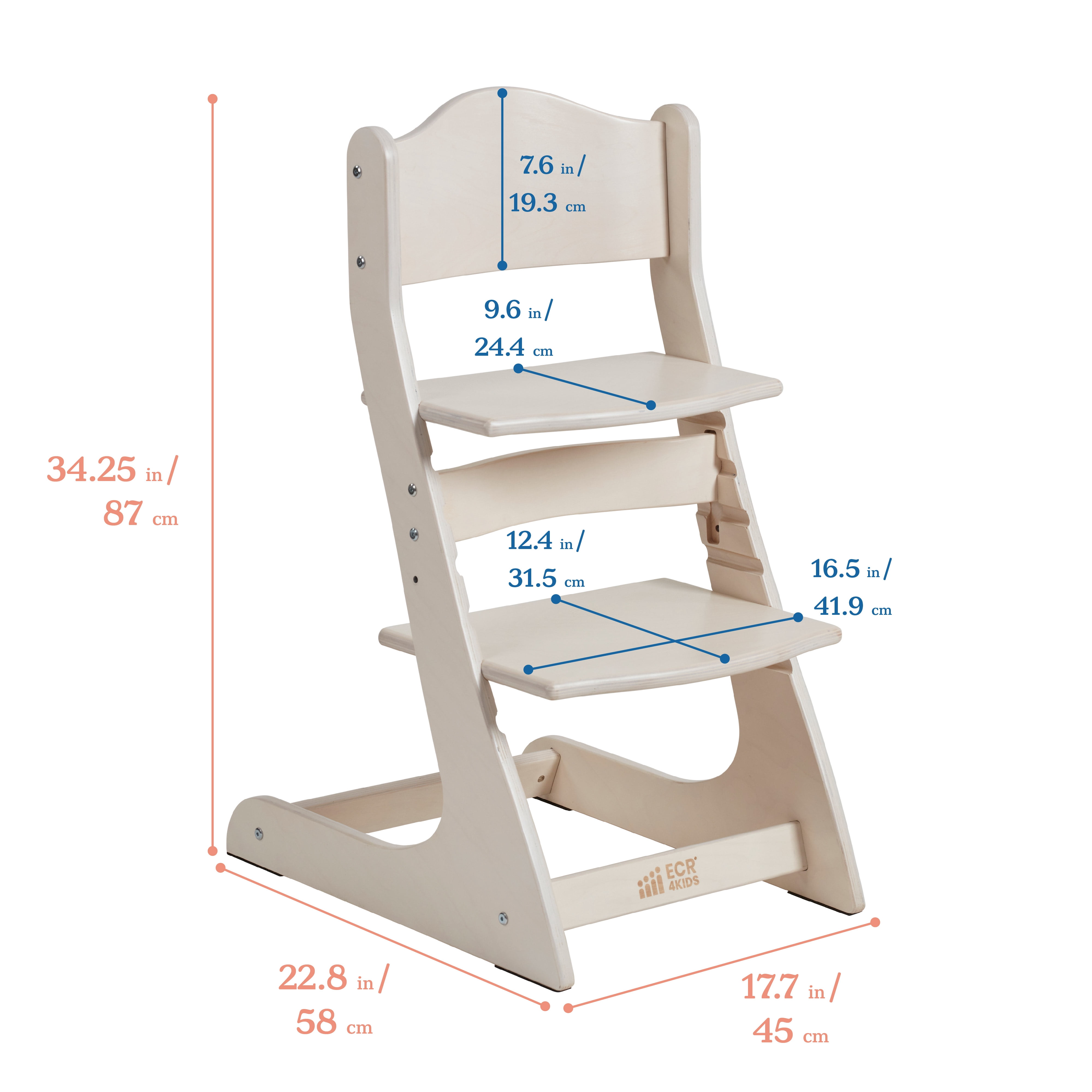 ECR4Kids Wooden Adjustable Grows with Me Transitional Chair, Montessori Furniture, White Wash