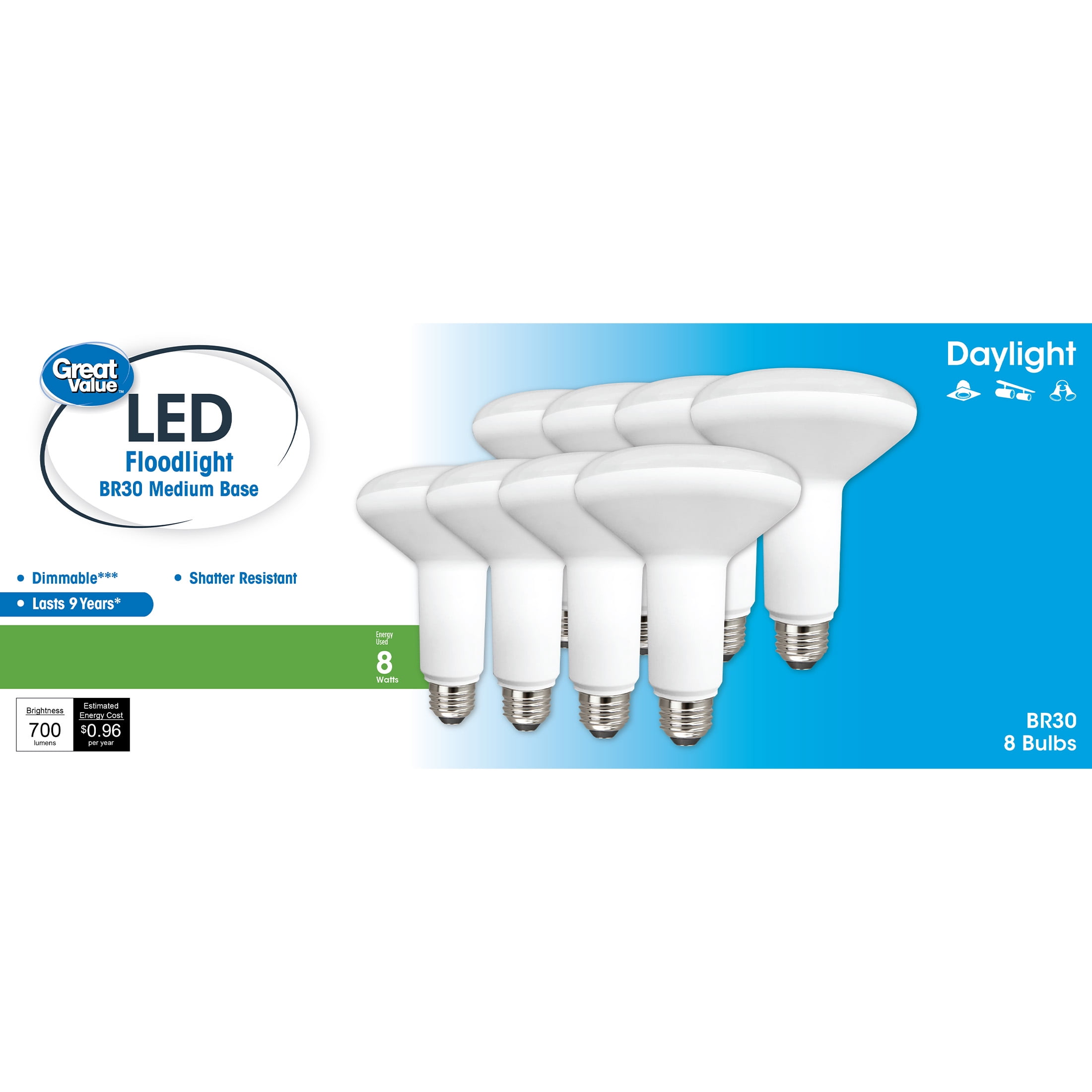 Great Value LED Light Bulb, 8W (65W Equivalent) BR30 Floodlight Lamp E26 Medium Base, Dimmable, Daylight, 8-Pack