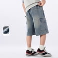 thumbnail image 4 of VUHXZWAF Boys Denim Shorts Elastic Waist Summer Half Pants Stretchy Cargo Jean with Pockets Size 11-12 Years, 4 of 5