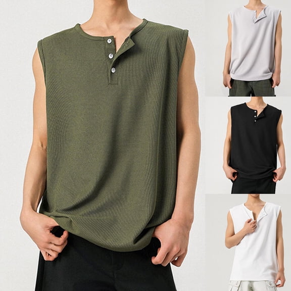 Men's Tank Tops Vintage Solid Color Button Fashionable Leisure Fitness Tank Top Men's Sleeveless Tank Tops Muscle Gym Tank Top