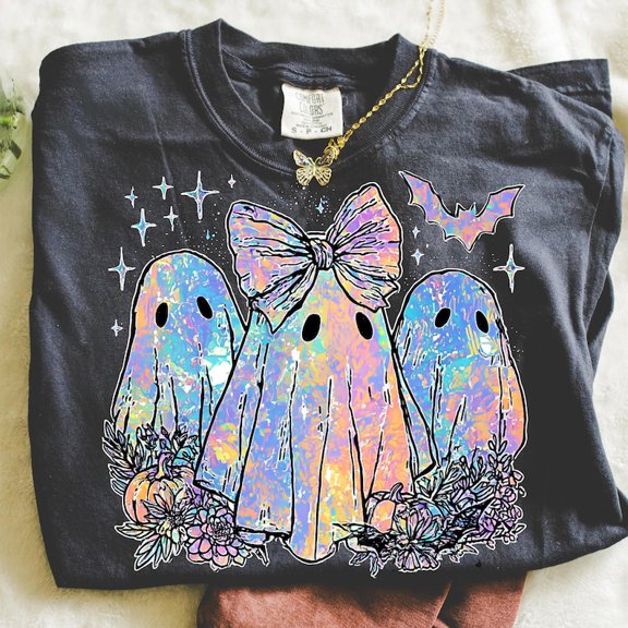 Iridescent Ghost Pumpkin T-shirt, Coquette Halloween T-shirt, Iridescent Ghost Pumpkin T-shirt, Halloween Shirt, Girly Halloween TH040637