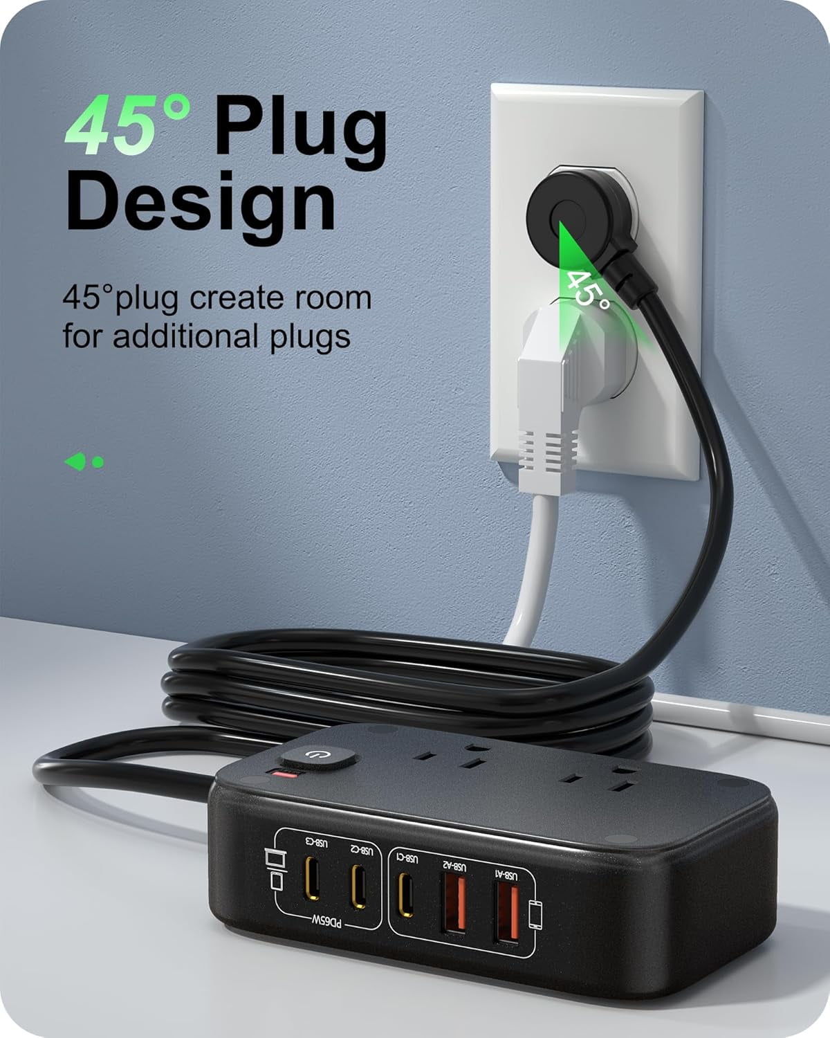 Power Strip with USB Ports, 65W USB C Fast Charging Station, 6FT Flat Extension Cord, 2 AC Outlets, 2 USB-A, 3 USB-C Ports for Multiple Devices (Black)