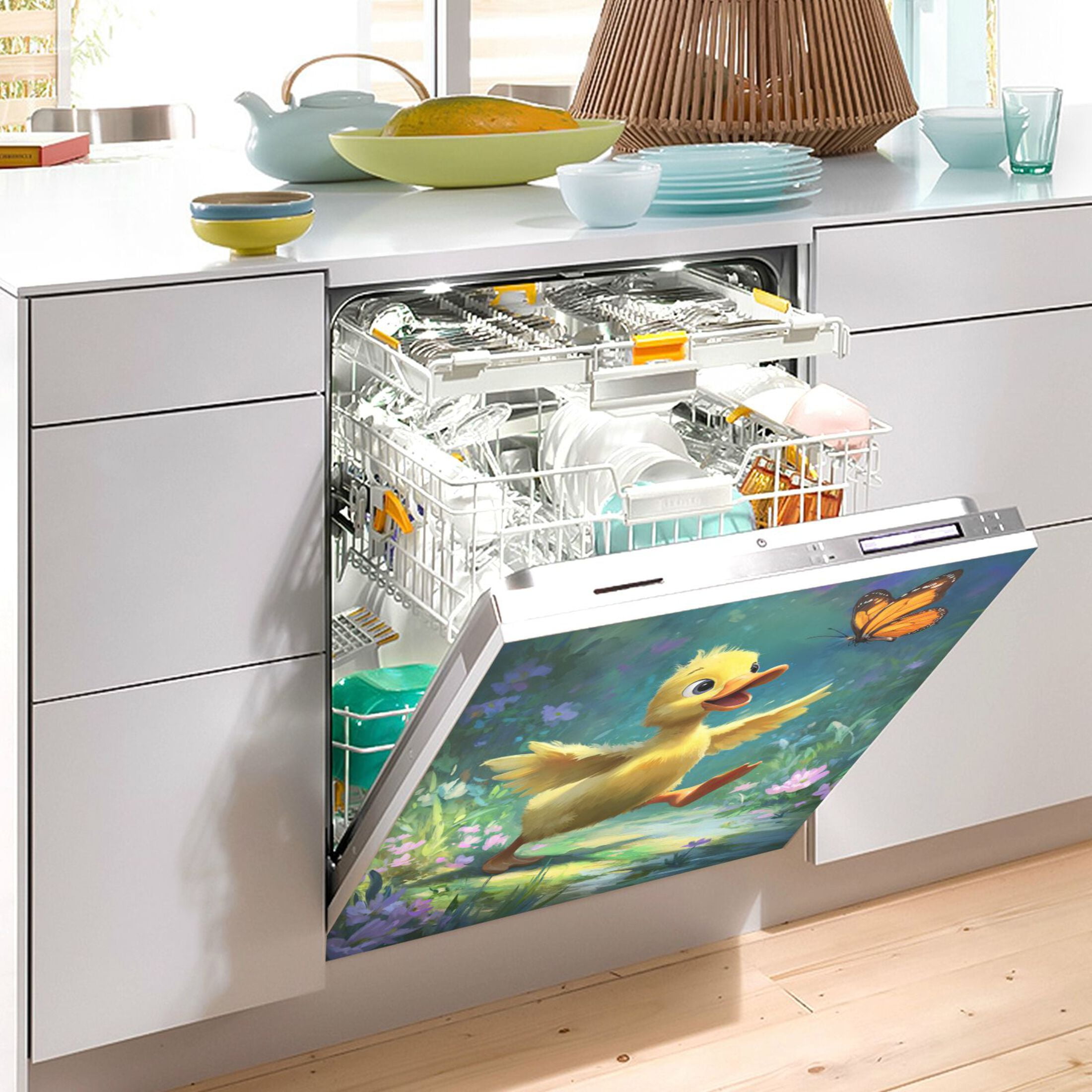 Dishwasher Magnetic Refrigerator Magnet Cover Sticker Home Decorative 23"x26" Yellow Duck and Butterfly