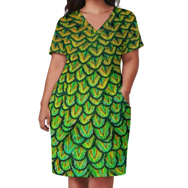 Belle Robe à Plumes de Paon avec Poches, Imprimé Mode, Manches Courtes, Col en V, Ligne A, Bleu Paon Paon Pavo