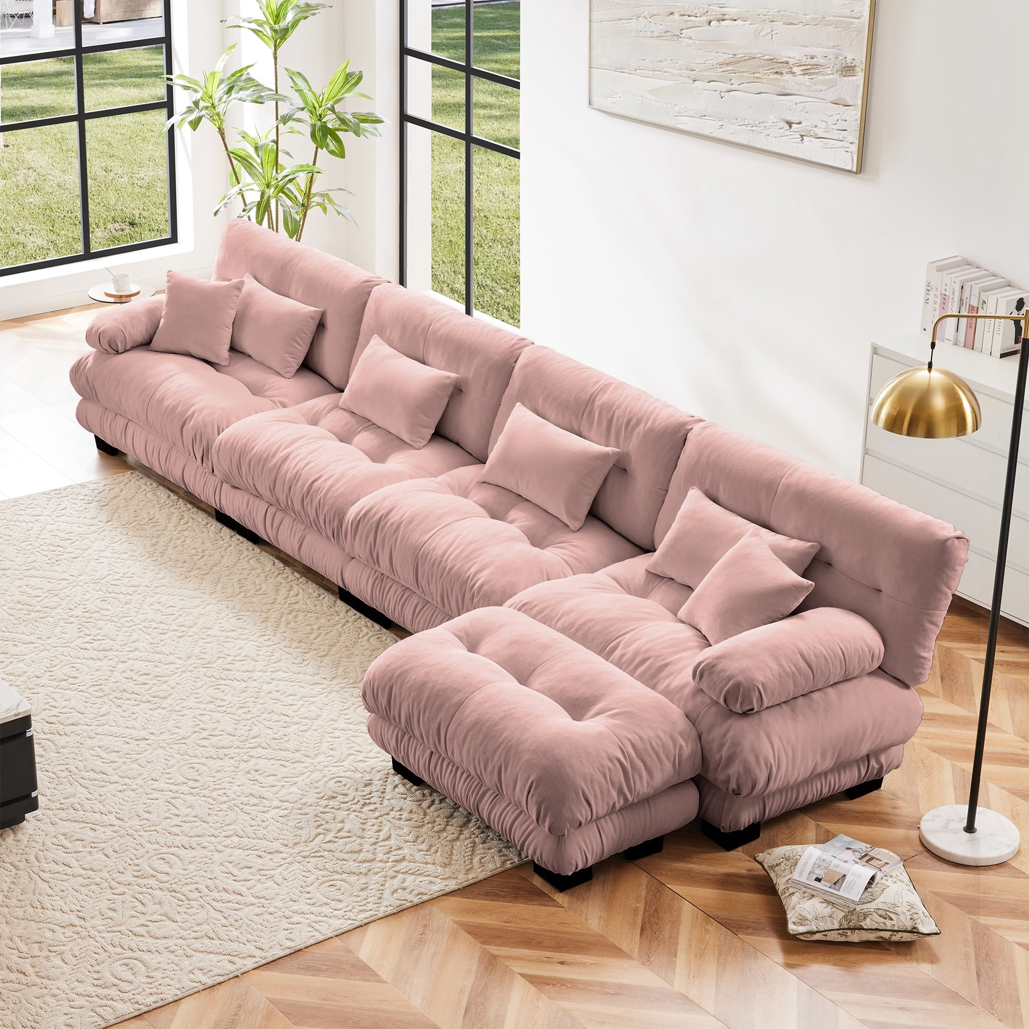 Gewnee Oversize Luxury Modular Pink Chenille Deep Seat 4-Seater Sectional Sofa Couch With 1 Convertible Ottoman,L Shaped Couch for Living Room