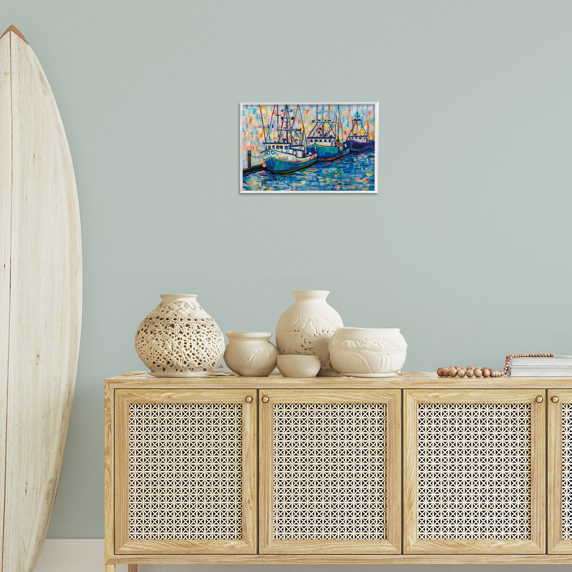 Stupell Industries Vivid Boats in Harbor Transportation Painting White Framed Art Print Wall Art, 18 x 12