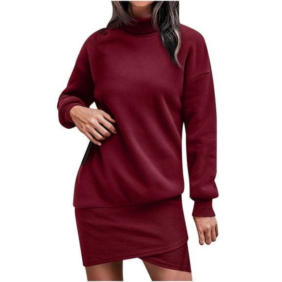 Womens Turtleneck Sweatshirt Mini Dress Long Sleeve Wrap Irregular Hem Casual Loose Fall Winter Pullover Short Dresses
