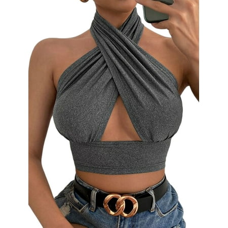 

wybzd Women Cross Halter Neck Crop Top Sleeveless Backless Camisole Hollow Out Tanks Lingerie Night Party Gray L