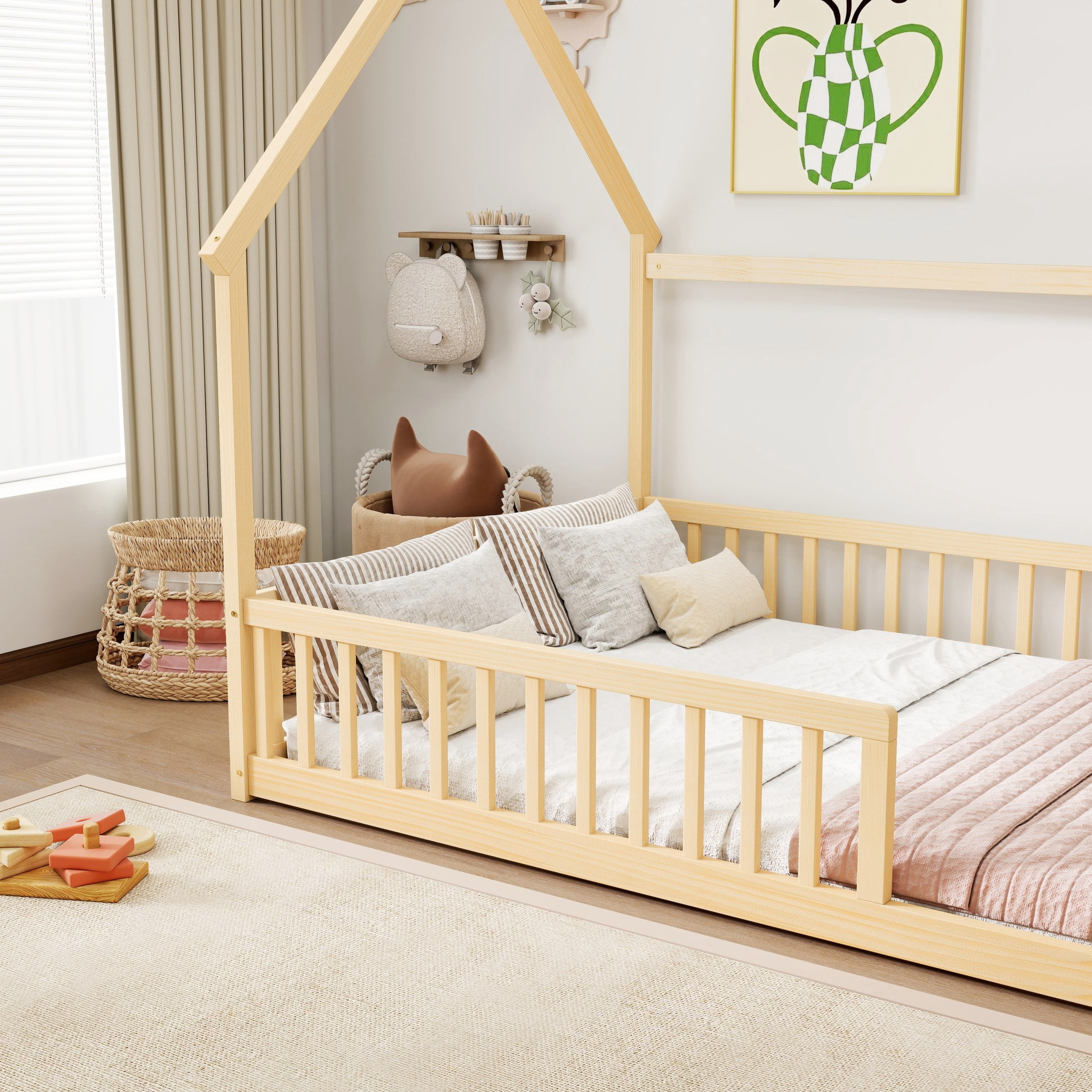 Full Size House Floor Bed with Roof Frame, Pine Wood Floor Bed with Safety Guardrails, Natural