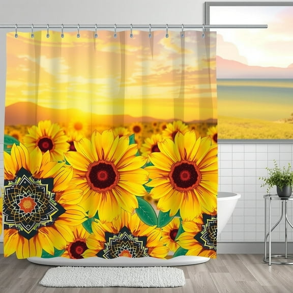 Vibrant Sunflower Field Shower Curtain - Warm Sunset Design for Your Bathroom
