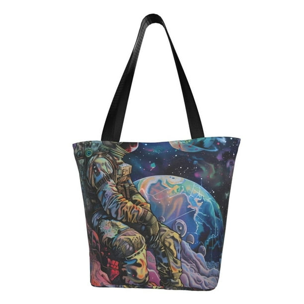 Fotbe Rainbow Astronaut Space Landscape Bolsa de Playa con Estampado, Bolsa de Hombro, Bolsa de Mano Espaciosa, Bolsa de Viaje Ligera, Bolsa de Compras Versátil