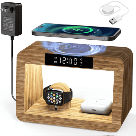 Alarm Clock with Wireless Charging Station,Compatible with iPhone Airpod Apple Watch, 3 in 1 Magnetic Charger with Dimmable Night Light,Bamboo Phone Charging Dock, Gifts For Men