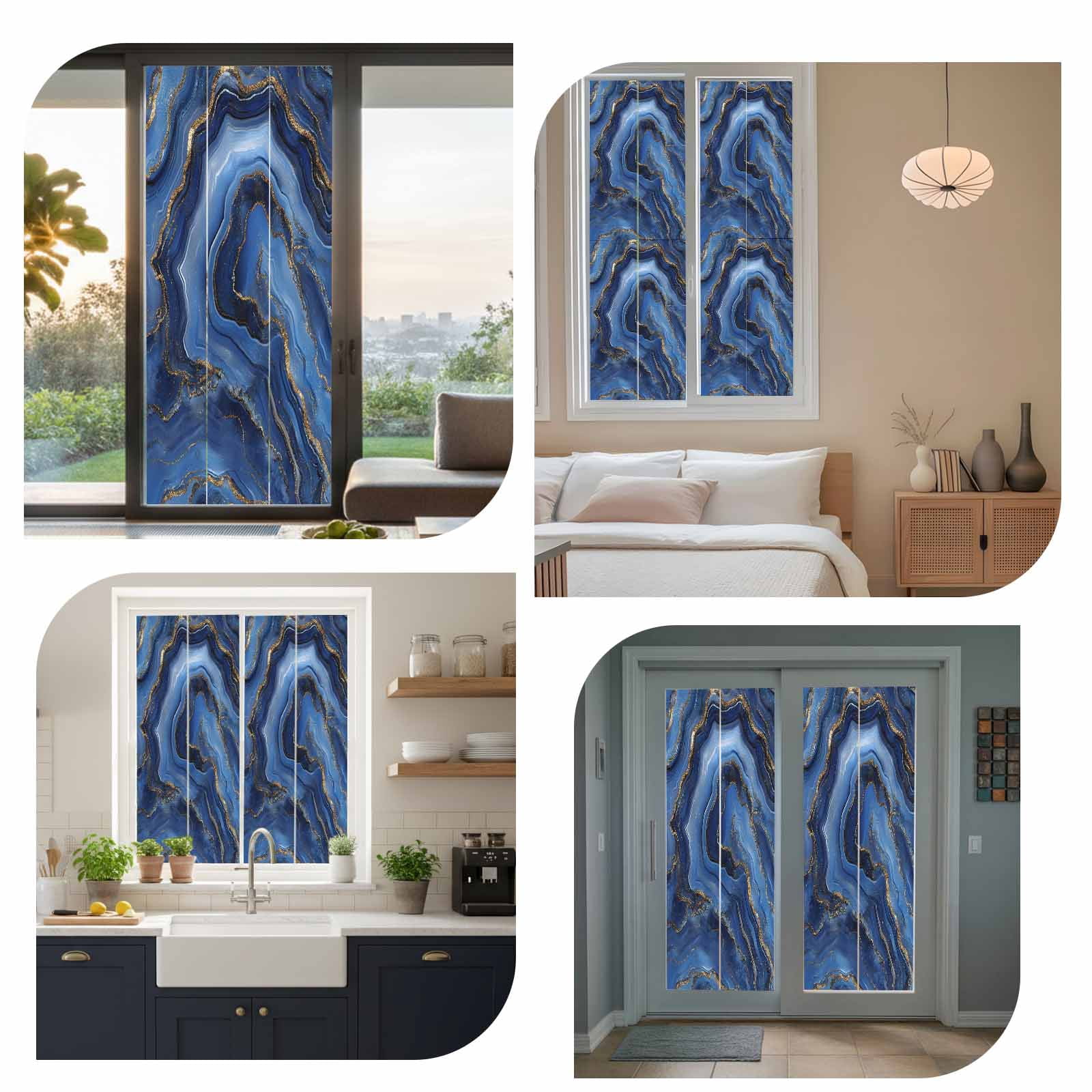 Navy Blue Marble Window Privacy Film, Contemporary Ink Painting Abstract Static Cling UV Sun Blocking Heat Control Window Tint Day and Night, Non-Adhesive One Way Windows Privacy Cover 23.6''x59''