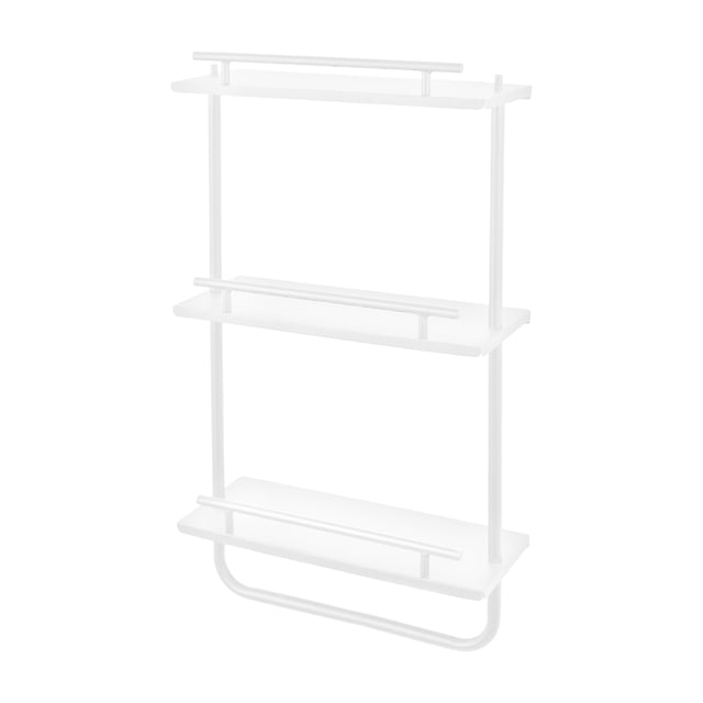 Era Soho white three-tier wall shelf measuring 16.14 by 29.76 inches, featuring horizontal guard rails on each tier and a curved bottom support.