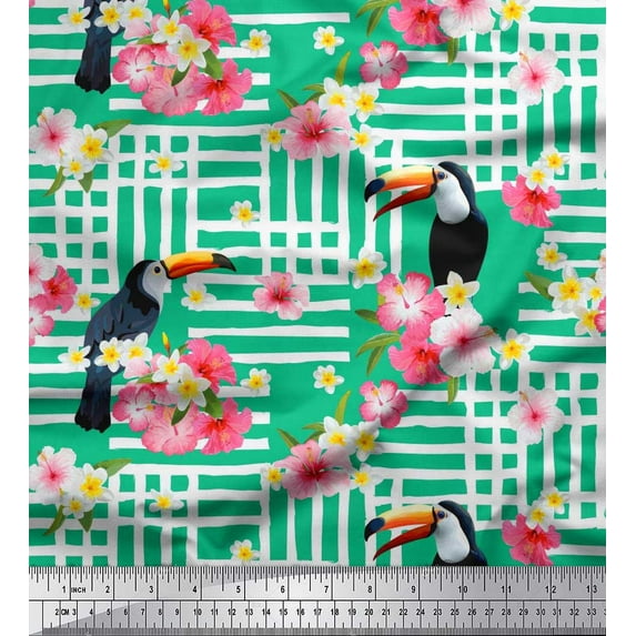Soimoi Green Cotton Duck Fabric Floral & Toucan Bird Print Fabric by Yard 42 Inch Wide