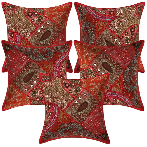 Stylo Culture Indian Cotton Home Decor Throw Pillow Covers Red 16x16 Bohemian Beaded Sequins Patchwork Embroidered Sofa Cushion Covers 40 x 40 cm Decorative Neck Design Square Pillowcases | Set Of 5