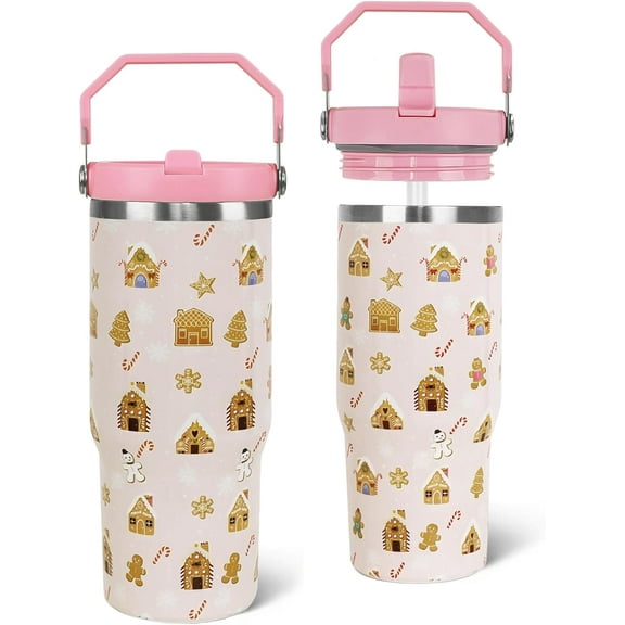 Insulated Stainless Steel Tumbler with Handle and Straw - Gingerbread Snowflake Christmas Design, 30oz Travel Mug for Coffee, Winter Holiday Gift