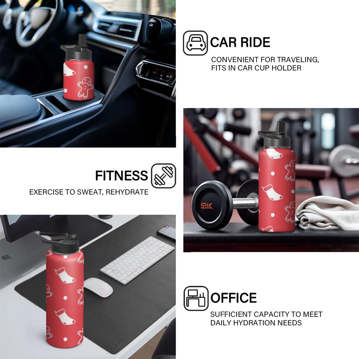 Christmas 18 oz Insulated Stainless Steel Water Bottle with Straw & Cleaning Brush , Leakproof, BPA-Free, 304 Stainless Steel, Wide Mouth, Travel Mug for Car, Gym, Office