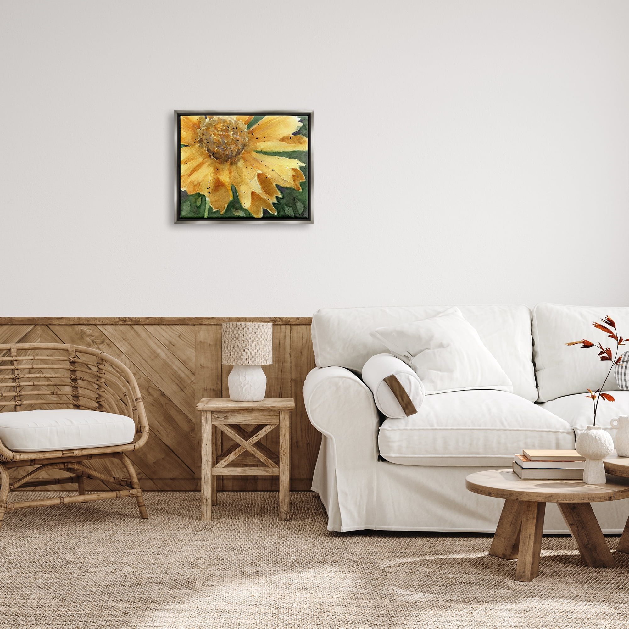 Stupell Industries Modern Sunflower Watercolor Botanical & Floral Painting Gray Floater Framed Art Print Wall Art, 21 x 17
