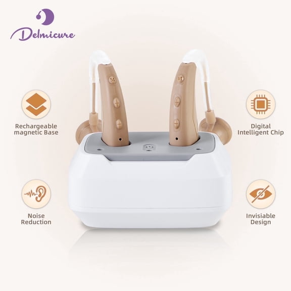 Delmicure Hearing Aids for Seniors, Rechargeable Sound Device with 4-Mode & Magnetic Charging Base for Hearing Loss, VHP-1021 Beige - Button Control