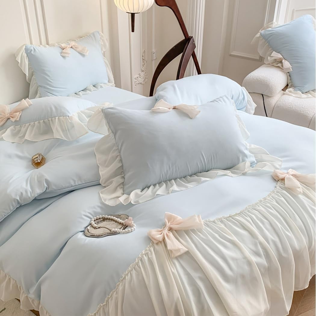 MOOWOO Ruffled Bedding Bow Duvet Cover Set with Butterfly Tie, Soft Brushed Microfiber Shabby Chic Bedding Set with Zipper Closure