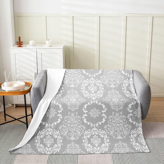 Grey Damask Throw Blanket for Sofa Bed Couch