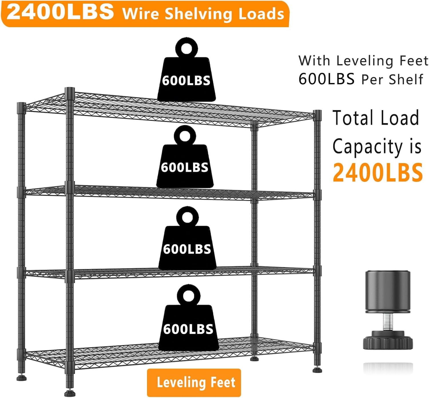 Sailvan 48"W x 18"D x 72"H Heavy Duty Wire Shelving Unit, 2600LBS Capacity 4-Tier Metal Storage Shelves with Wheels, Adjustable Garage Rack,Black