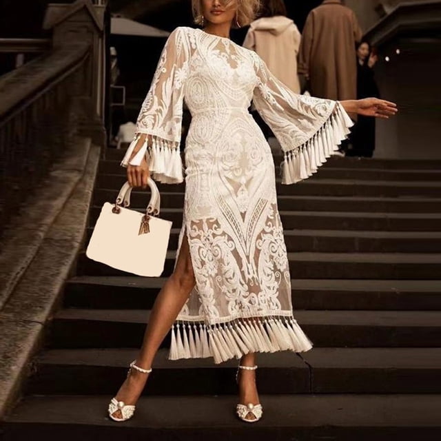 ESSSUT Robes pour Femmes 2023 Dames Dentelle Brodée Manches Franges Robe de Banquet Soirée Blanche TTG
