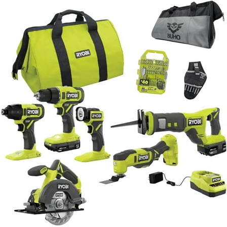 6 Power Tools Combo Kit Bundle with 6 Ryobi Tools, 2 Batteries, Charger, 40 Piece Drill Bit Set, and Buho Tool Bag and Holster