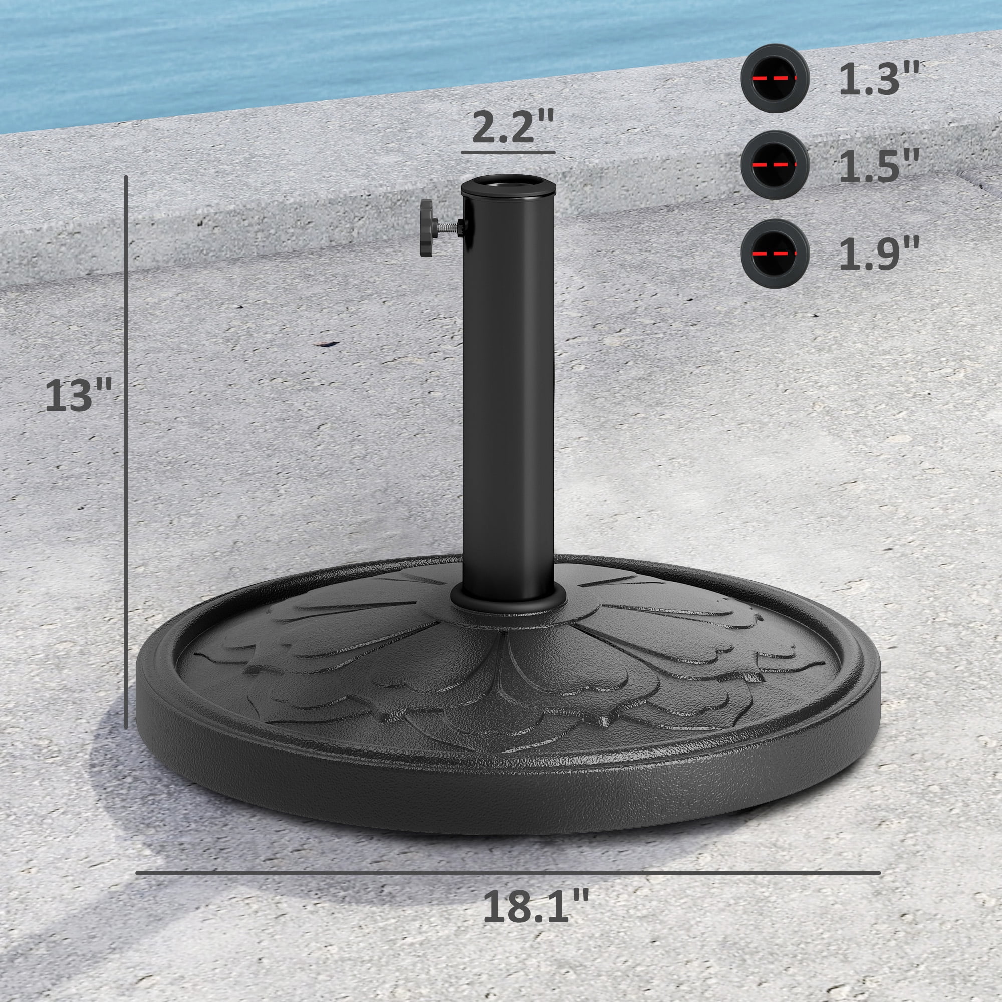 Round Patio Umbrella Base, 26 lbs Resin Outdoor Umbrella Stand Base, Patio Umbrella Stand for 1.3"/1.5"/1.9" Umbrella Poles for Outdoor, Lawn, Poolside, Black