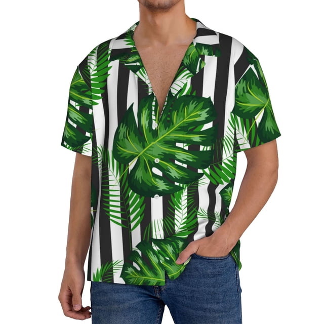 Balery Palm Greenery Camisa Casual de Manga Corta con Botones para Hombre, Texturizada, Estilo Cubano, para Playa, Verano-Large