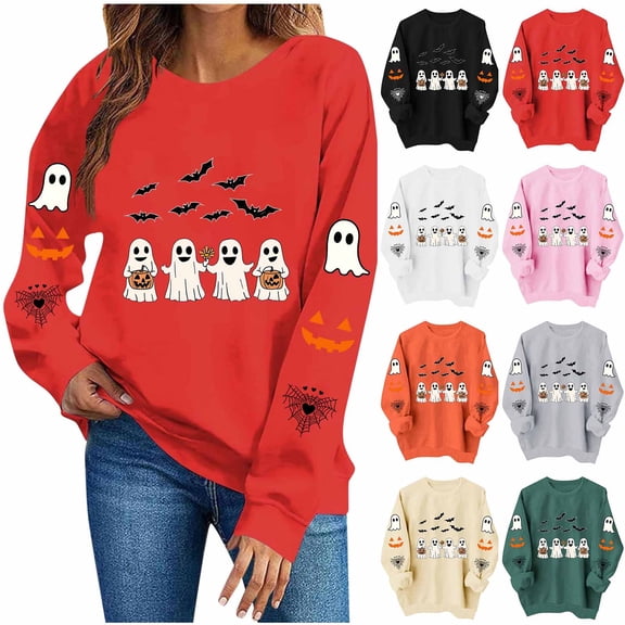 Xinoom Women Halloween Graphic Crewneck Sweatshirt, Ghost Pumpkin Bat Print Long Sleeve Pullover, Loose Fit Holiday Party Casual Tops for Ladies Army Green,L